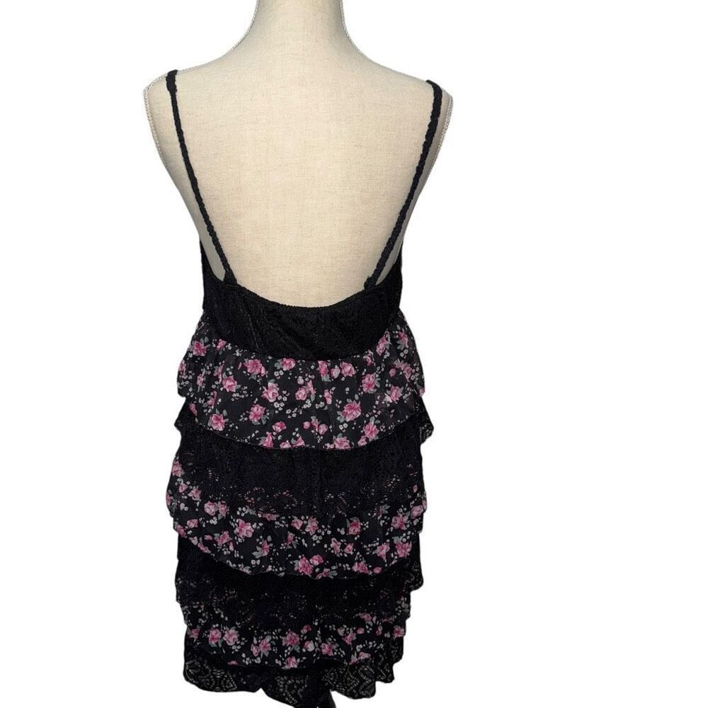 Interi Black spaghetti strap Sleeveless Lace Floral Mini layered fringe Dress L - Picture 6 of 11